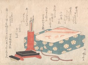 Schrijvenset en gedichtenkaartendoos Shikishi-bako, uit het Spring Rain Surimono Album, ca. 1805-10 door Shinsai