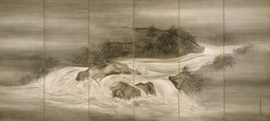 Rivierlandschap met vuurvliegjes door Shiokawa Bunrin