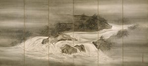 Rivierlandschap met Vuurvliegjes, 1874 door Shiokawa Bunrin
