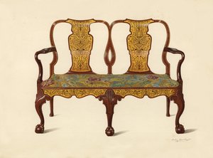 Walnotenbank ingelegd met marqueterie, eigendom van Percy Macquoid