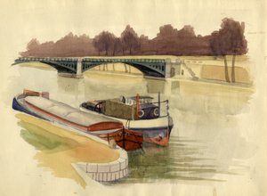 Barges op de rivier de Theems bij Battersea Bridge, Londen