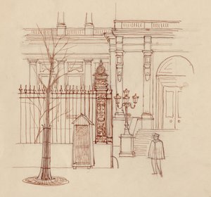 Gendarme buiten klassiek gebouw, Parijs, 1951 door Shirley Markham