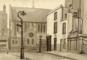 Lantaarnpaal en kerk, ca. 1951