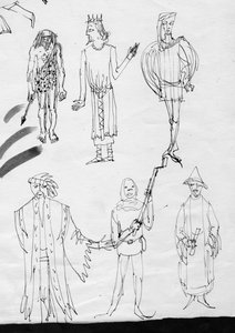 Pagina met schetsen, mensen in kostuum, ca. 1950