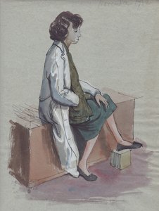 Zittende vrouw in witte jas door Shirley Markham