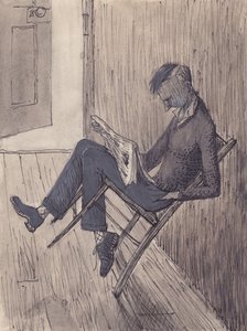 Jonge man leunend met zijn stoel tegen een muur, 1952