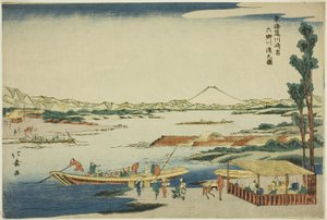Zicht op de Rokugo Rivieroversteek bij het Kawasaki Station (Kawasaki-juku Rokugo kawa watashi no zu), uit de serie "Tokaido Weg (Tokaido)" door Shotei Hokuju