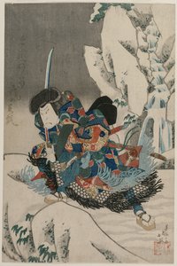 Nakamura Utaemon IV als krijger in de sneeuw door Shumbaisai Hokuei