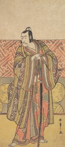 Ichikawa Danjuro V als Kudo Suketsune, rijkelijk gekleed, leunend op zijn zwaard, late 18e eeuw