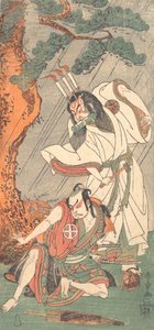 Kabuki-acteurs Ichimura Uzaemon IX als Ko-kakeyama en Otani Hiroji III als Koga Saburo door Shunsho