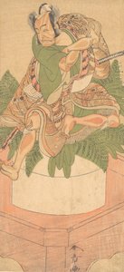 De vierde Ichikawa Danjuro als een Yakko-dienaar zittend op een grote cake van Mochi door Shunsho