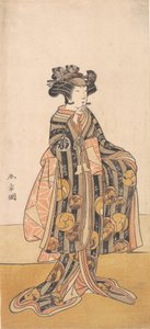 Yoshizawa Iroha als een vrouw Tomoe Gozen staand op de oever, 1774 of 1775