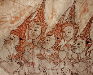 Detail van de muurschilderingen met hemelse godheden uit de late Ayutthaya-periode (verf op steen) door Siamese School