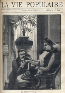 Een man op zijn knieën houdt de hand van een elegante vrouw vast, zittend in een bourgeois salon, met zijn jas, een mouw en een bontsjaal. Illustratie voor Le Seducteur door Gyp (Sibylle Gabrielle Marie Antoinette Riquetti de Mirabeau, Gravin van Martel d
