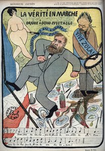 Dreyfus-affaire - Monsieur Jaures - La Verite en marche, drama a grand spectacle - leve Dreyfus, leve Zola, weg met het leger - Jean JAURES danst de Carmagnole voor Emile ZOLA en zijn trommel. Cartoon door BOB (1850-1932) voor Le Lire van 4/11/1896. Humori