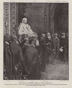 Het standbeeld van professor Thomas Henry Huxley in de Grote Hal van het Natuurhistorisch Museum, South Kensington, Londen (litho) door Sidney Paget