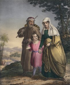 Jezus keert terug met zijn ouders naar Nazareth (gekleurde gravure)