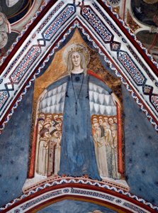 Voorstelling van de Maagd Maria Moeder van de Kerk Fresco van de Kapel van de Maagd gemaakt door de School van Siena van de 14e eeuw - Klooster van St. Benedetto (Sacro Speco), Subiaco (Rome), Italië