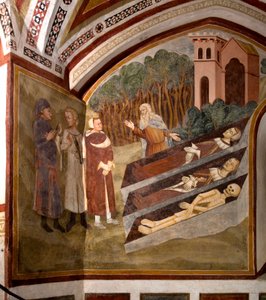 De ontmoeting van de drie levenden en de drie doden (of Dict) De drie levenden en een kluizenaar voor de drie doodskisten met lichamen in verschillende stadia van ontbinding. Detail van een fresco van de School van Siena (14e eeuw) 1363-1366 Klooster van