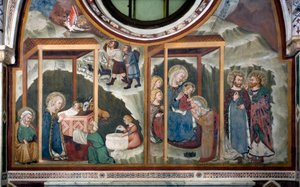 De geboorte en aanbidding van de wijzen Fresco van de School van Siena. 14e eeuw. Kapel van de Maagd. Klooster van Sint Benedetto (Sacro Speco), Subiaco (Rome), Italië