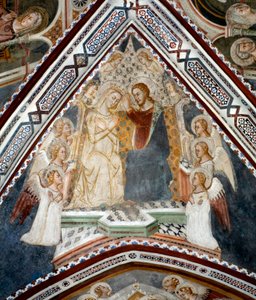 De kroning van de Maagd. Fresco van de Kapel van de Maagd uitgevoerd door de school van Siena uit de 14e eeuw - Klooster van St. Benedetto (Sacro Speco), Subiaco (Rome), Italië door Sienese School