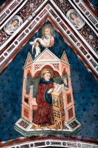 Detail van een fresco die een van de gewelven van de Bovenkerk siert, voorstellende de vier doktoren van de Romeinse Kerk: Sint-Gregorius I de Grote en de evangelist Sint-Matteüs door Sienese School