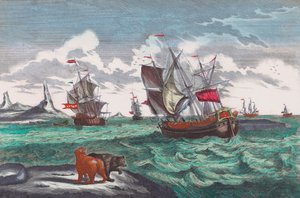 Walvisvloot bij Groenland in de 18e eeuw (gravure)