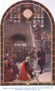 Aanbod van het koningschap aan Richard hertog van Gloucester in Baynards Castle, 26 juni 1483, uit Cassells History of the British People gepubliceerd door de Waverley Book Company Limited, ca. 1940 door Sigismund Christian Hubert Goetze