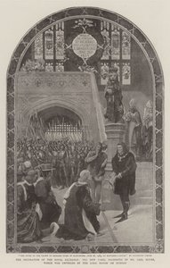 De decoratie van de Royal Exchange, het nieuwe paneel gepresenteerd door de heer Carl Meyer, dat maandag door de burgemeester werd onthuld