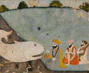 Guru Nanak met Bala, Mardana en de grote vis (Vishnu in Matsyavatara) door Sikh School
