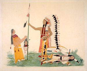 Comanche en zijn vrouw ontmoeten en vechten met een Ute, uit een serie legendarische episodes geschilderd door de kunstenaar