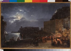 De kade Santa Lucia in Napels, een nacht met volle maan