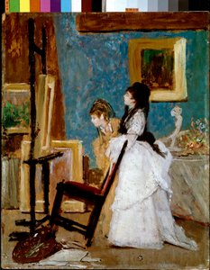 Het bezoek aan het atelier Schilderij door Silvestro Lega