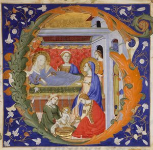Manuscriptverlichting met de geboorte van de Maagd in een initiaal G, uit een Graduale door Silvestro dei Gherarducci