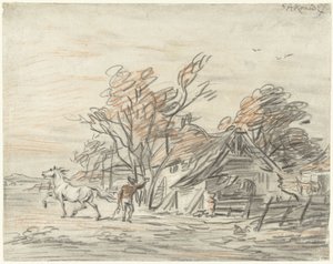 Boerenwoning waarbij een boer zijn paard dresseert