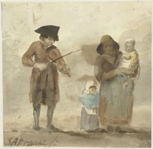 Straatmuzikant met vrouw en kinderen