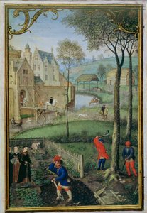 Maart: bomen kappen, uit een Getijdenboek, c.1540 door Simon Bening