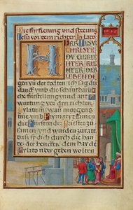 Rand mit einem gefangenen Propheten vor einem Fürsten oder König door Simon Bening