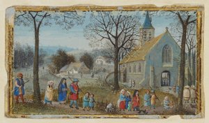 Dorpelingen op weg naar de kerk