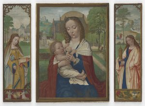 Maagd en Kind; Heiligen Catharina en Barbara door Simon Bening