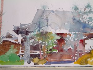 Kyoto Tempel (aquarel op papier) door Simon Fletcher