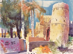 Nizwa Oman, Oude zuidelijke poort, 2005 (aquarel) door Simon Fletcher