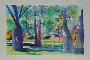 Schilders bij de Mamounia, 2010 (aquarel op papier) door Simon Fletcher