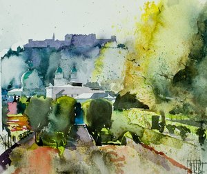 Salzburg vanaf de Mirabell tuinen, 2008 (aquarel) door Simon Fletcher