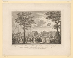 Afscheid van Willem V en echtgenote aan de Buiten Amstel, 1768 door Simon Fokke