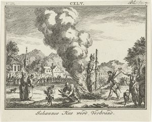 Verbranding van Jan Hus op de brandstapel, midden 18e eeuw door Simon Fokke