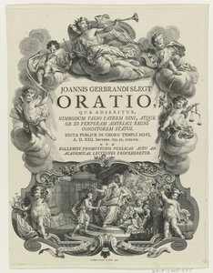 Minerva lauwert een jongeman met bul (Titelpagina voor: J.G. Slegt, Oratio, qua adseritur, Nimrodum falso patrem Nini, 1747) door Simon Fokke
