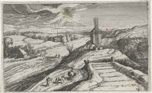 Heuvellandschap met een windmolen door Simon Frisius (attributed to)