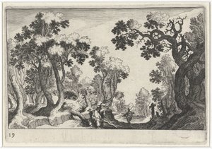 Boslandschap met boeren door Simon Frisius