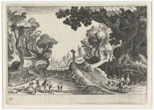Boslandschap met een kruis langs een pad door Simon Frisius